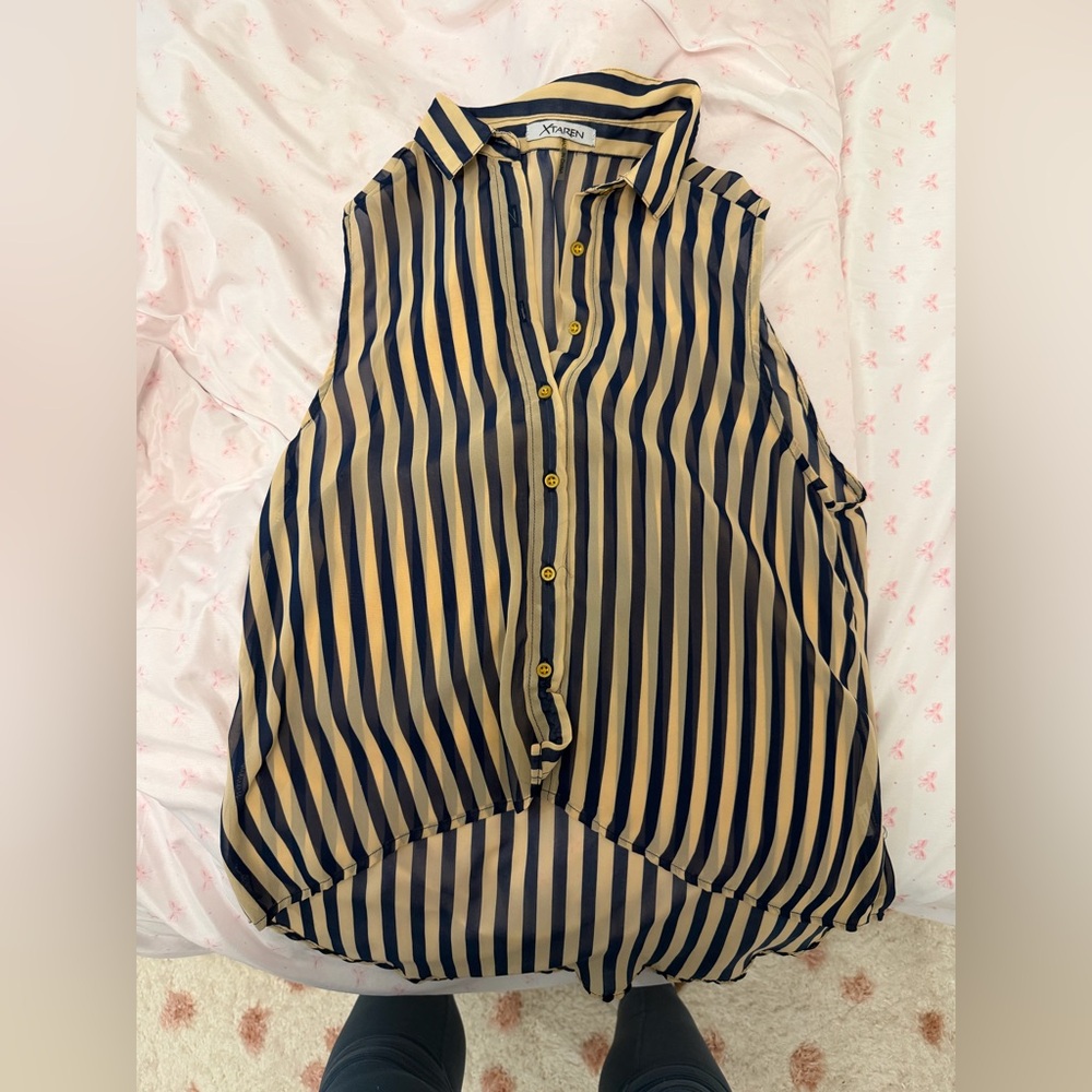 Xtaren Navy and Cream Striped Top